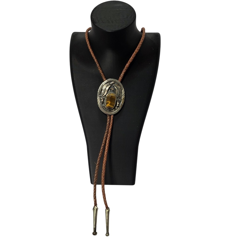 Vintage Western Bolo Tie Tigers Eye Gemstone Leaf Motif Silver Tone Brown Cord*